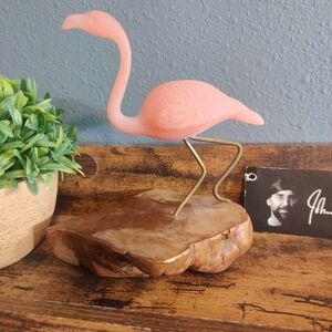 Vintage John Perry Pink Flamingo Burl Wood Sculpture Florida Decor Leg Up Bird